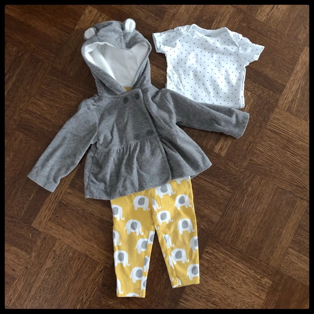 {Carter’s} Fleece Peplum Hoodie Elephant Pants Set - Picture 7 of 8